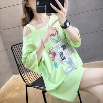 Long shoulder heart machine T-shirt womens short sleeves 2020 Summer new loose design sense collarbone strapless top