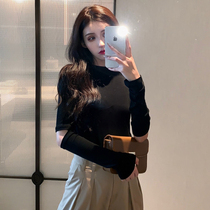 2021 New chic port taste Net red Dew elbow long sleeve top black spring slim base shirt T-shirt women