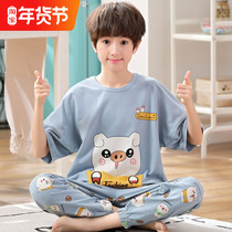 Childrens cotton pajamas boys summer short-sleeved trousers thin section boys middle and big children spring and autumn cotton home service suit