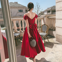One shoulder wine red toast dress Bridal evening dress Banquet temperament 2021 new summer satin engagement wedding