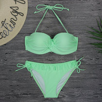 Fresh fluorescent green split steel bracket small chest lace-up ruffle low waist sexy new bikini womens swimsuit swimsuit