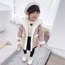 2020 autumn and winter new womens childrens plaid medium-long coat Korean version plus velvet warm hooded outer coat