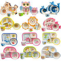 Childrens plate grid cartoon cute baby home meal auxiliary food bowl spoon Bamboo fiber baby tableware set