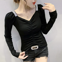 European Standing Autumn Winter New Sexy V Collar T-shirt Woman Long Sleeve Fashion Bubble Cuff Jacket Foreign Air Hitch Bottom Jersey Tide