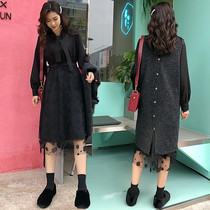 Korean large-size shirt skirt stitching lace woolen vest two-piece skirt slim waist-down age underlay dress
