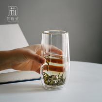 Double-layer heat-resistant Japanese-style glass special green tea cup Household tea drinking cup anti-scalding office cup Snow mountain cup