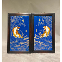 Old frame inlaid porcelain plate painted blue bottom pinch enamel tiger hanging screen-AD6532