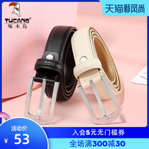 Woodpecker womens belt two-layer cowhide decorative belt Womens Korean version of fashion simple personality needle buckle flower fine section