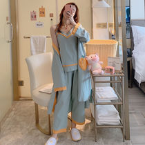 Three-piece pajamas womens spring and autumn cotton long-sleeved Korean version of autumn and winter sweet suspender sexy loose home dress set