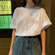 Cotton T-shirt womens short sleeves loose Korean version 2021 new summer students Hong Kong wind ins tide Joker clothes half sleeves