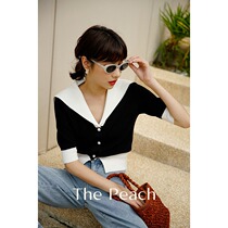 MICHELLYMO Navy neck knit top black and white color color short sleeve knitwear vintage foreign little shirt