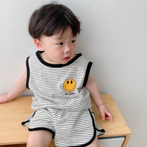 Small Zheng Baby Boy Shop Male Baby Summer Clothing Pure Cotton Sleeveless Striped T-shirt One-year-old Boy Vest Shorts Suit