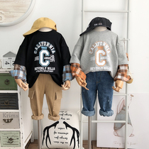 (Childrens products)Korean childrens autumn 2020 shirt sleeve stitching sweater fake two pure cotton tide T-shirt