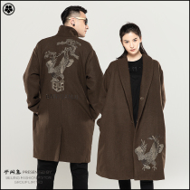 Semi-casual Chinese style couple coat retro pine eagle embroidery wool trendy mens autumn and winter new medium-long coat