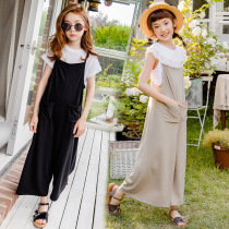 2019 new Summer girls CUHK Pure Color Elastic Cotton Soft Pocket Harness Conjoined Pants Broadlegged Pants