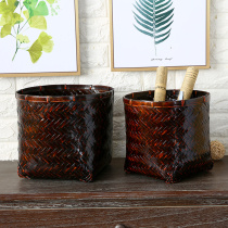 KENS retro bamboo bricked round mouth square bottom containing basket tabletop snack debris containing basket flower pot set storage basket