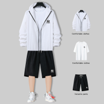 Thin ice silk sunscreen clothes boys summer suit Casual windbreaker jacket 2021 new ruffian handsome mens set