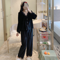 2021 new gold velvet pyjamas womens spring and autumn two suits Korean version sweet and beautiful V collar black home clothes can be worn out