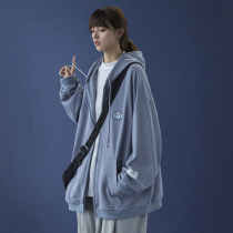 Large size womens harbor style couple hooded jacket ins salt tie Joker fat mm fattening cartoon embroidered cardigan sweater