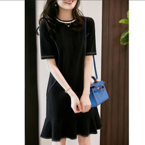 Black french round neck dress womens summer 2021 new Hepburn wind waist thin temperament ruffle fishtail skirt
