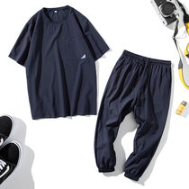 Mens short sleeve T-shirt Ice Silk suit mens 2021 new summer trend sports linen T body handsome two-piece set