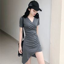 Summer new pleated irregular V-neck slim temperament dress slim high waist short sleeve A- line skirt hip skirt women