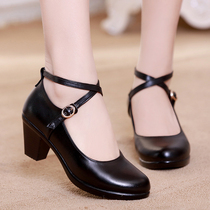  2018 spring mid-heel cowhide single shoes waterproof table comfortable dance womens shoes non-slip leather shoes catwalk leather work