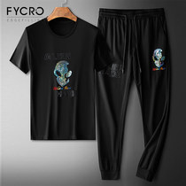 Clear Cabin Special Price Mens Two Sets Summer Short Sleeve T-Shirt Male Round Collar Bronzed Drill Long Pants Casual Suit Tide Cards New