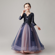 Little girl long-sleeved princess dress children host evening dress child model show tide clothes tail girl performance dress winter