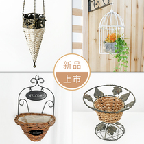 Simple woven basket wall hanging flower pot home hanging flower basket Wicker rattan green planting hanging cafe decorations