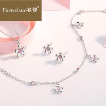 Famous cherry blossom set sterling silver necklace Female clavicle chain Small fresh stud earrings Earrings Couple bracelet bracelet Birthday