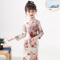 Girls Cheongsam Chinese style long childrens long sleeves modified retro autumn and winter clothes Little girl catwalk Guzheng performance suit