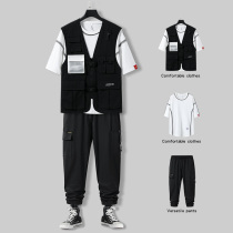 Sleeveless casual vest mens functional tooling vest jacket Ruffian handsome suit Mens set with handsome three-piece set