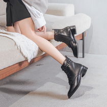 A generation of beautiful round head low heel boots women autumn and winter 2021 New lace zipper boots Black single boots Joker