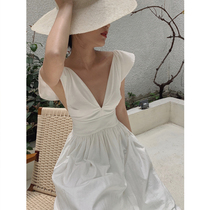  taupe store high-end texture linen vacation skirt Goddess skirt backless three-dimensional cut travel dress