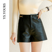 Youshi 2021 autumn and winter new black high waist glossy leather shorts childrens Korean version loose straight pocket genuine leather