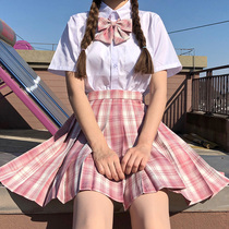 Original jk uniform skirt Genuine short-sleeved suit College style pink grid skirt Pleated skirt Full set of summer student class clothes