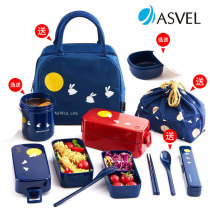 Japan ASVEL grid Japanese student couple double bento box Lunch box Microwave oven heating send insulation bag