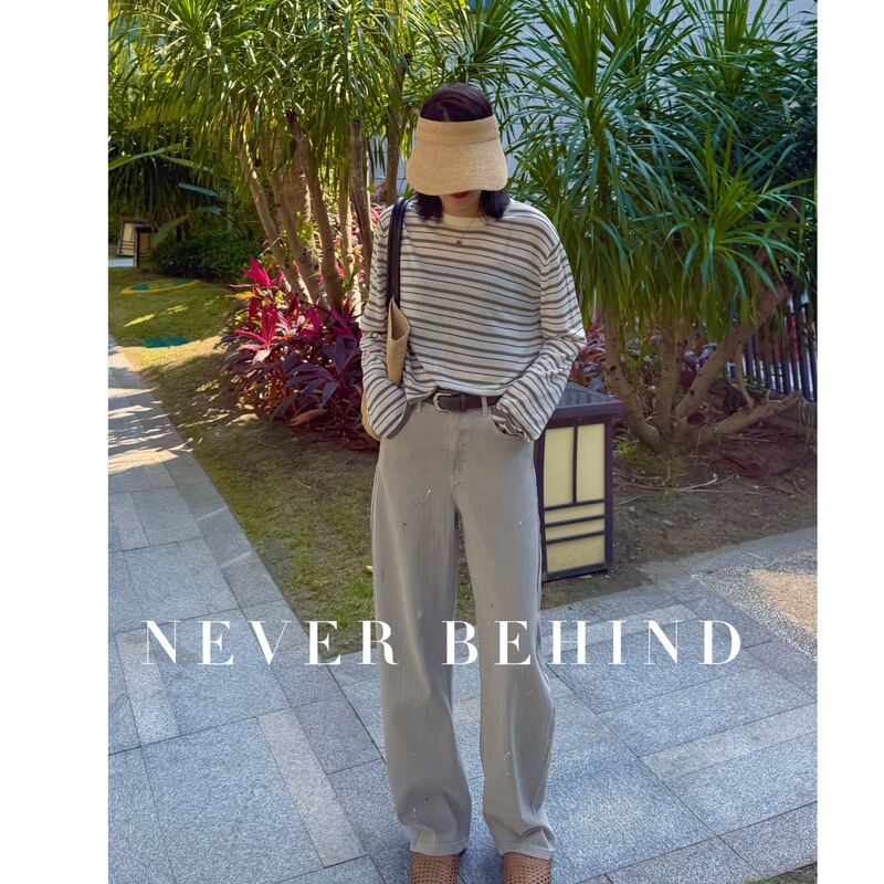 4.4 Never Behind Retro Fine-Striped Design Wide-Leg Trousers