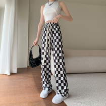 Ice Silk Black-and-white Plaid Pants Children Summer Thin With High Waist Pituality Casual Straight Drum Pants Loose Chessboard Wide Leggings Pants