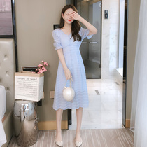 Blue dress female 2021 new summer mid-length temperament goddess fan chiffon bubble sleeve fairy skirt