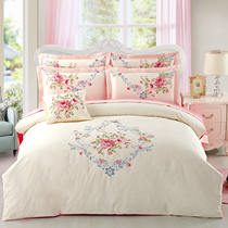 Cotton high-woven twill embroidery four-piece solid color larry embroidery Chinese style pure cotton bed sheet duvet cover double bed kit