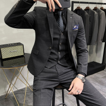 Bridegroom suit suit mens three-piece slim Korean wedding dress business casual handsome plaid suit man