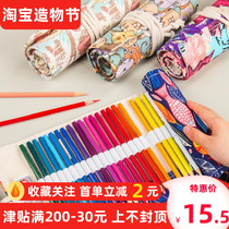 National style handmade canvas pen curtain 36 48 72 holes large capacity roll pen bag Sketch color pencil drawing stationery bag