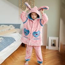 Childrens coral velvet pajamas autumn and winter girls flannel girls home clothing thickened suit