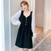 Pregnant women autumn fashion stitching long sleeve dress 2021 new long size loose square collar pregnancy skirt
