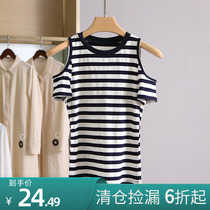 Benefit price 19 9 ● Series foreign air stripe loose dew shoulder short sleeve T-shirt brand discount Qingkura woman