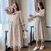 Pregnancy Woman dress Spring and Autumn Pregnancy Lace splicing cover Belly Long fairy Even dress Spicy Mother Over Knee Long Skirt