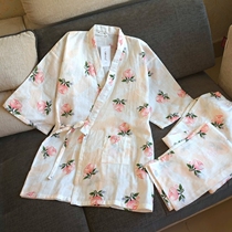  Womens cotton pajamas Spring and autumn double gauze short-sleeved trousers Cute Japanese kimono home service suit thin summer
