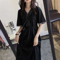 Large size womens clothing 2021 summer new dress loose thin skirt fat mm Hepburn style retro black skirt